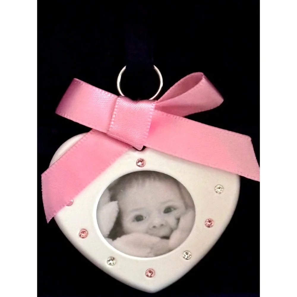 SWAROVSKI ~ Heart Shaped Baby Girl Mini Picture Frame Pink Crystals Bow in Box